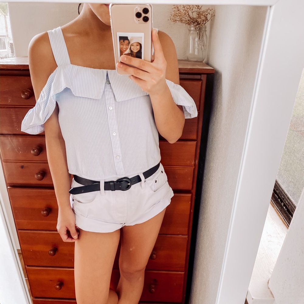 ZARA blue and white striped cold shoulder top